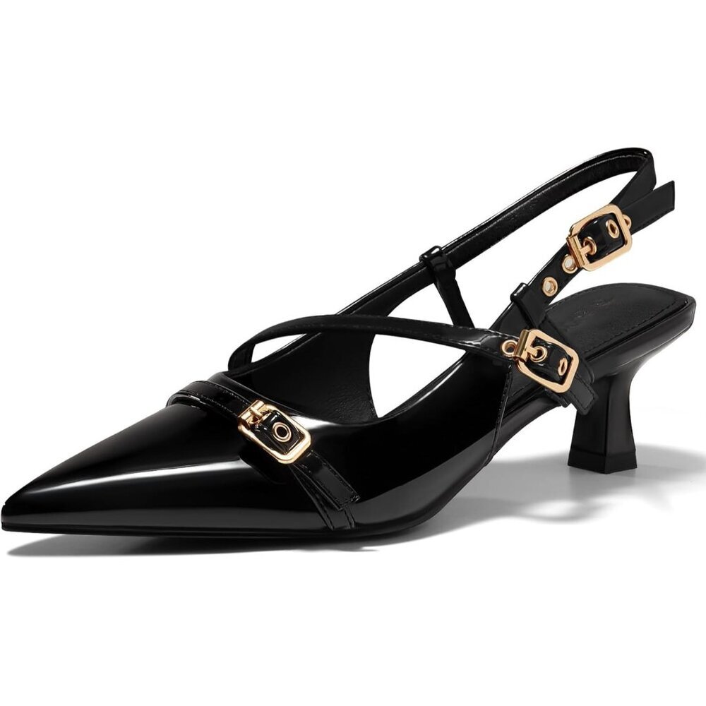 Women's Black Slingback Kitten Heels Low Heel Closed Pointed Toe Pumps Buckle